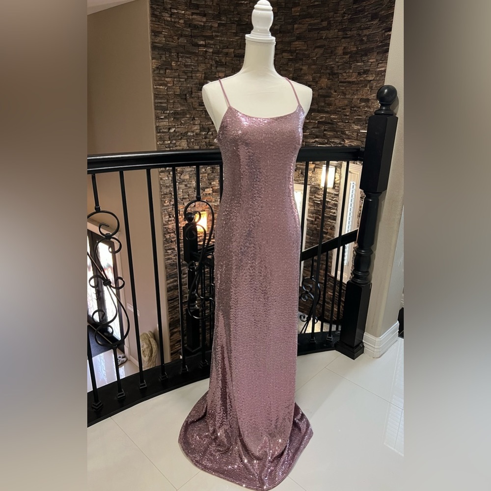 Adam Pink Sequin Maxi Gown Spaghetti Strap Prom